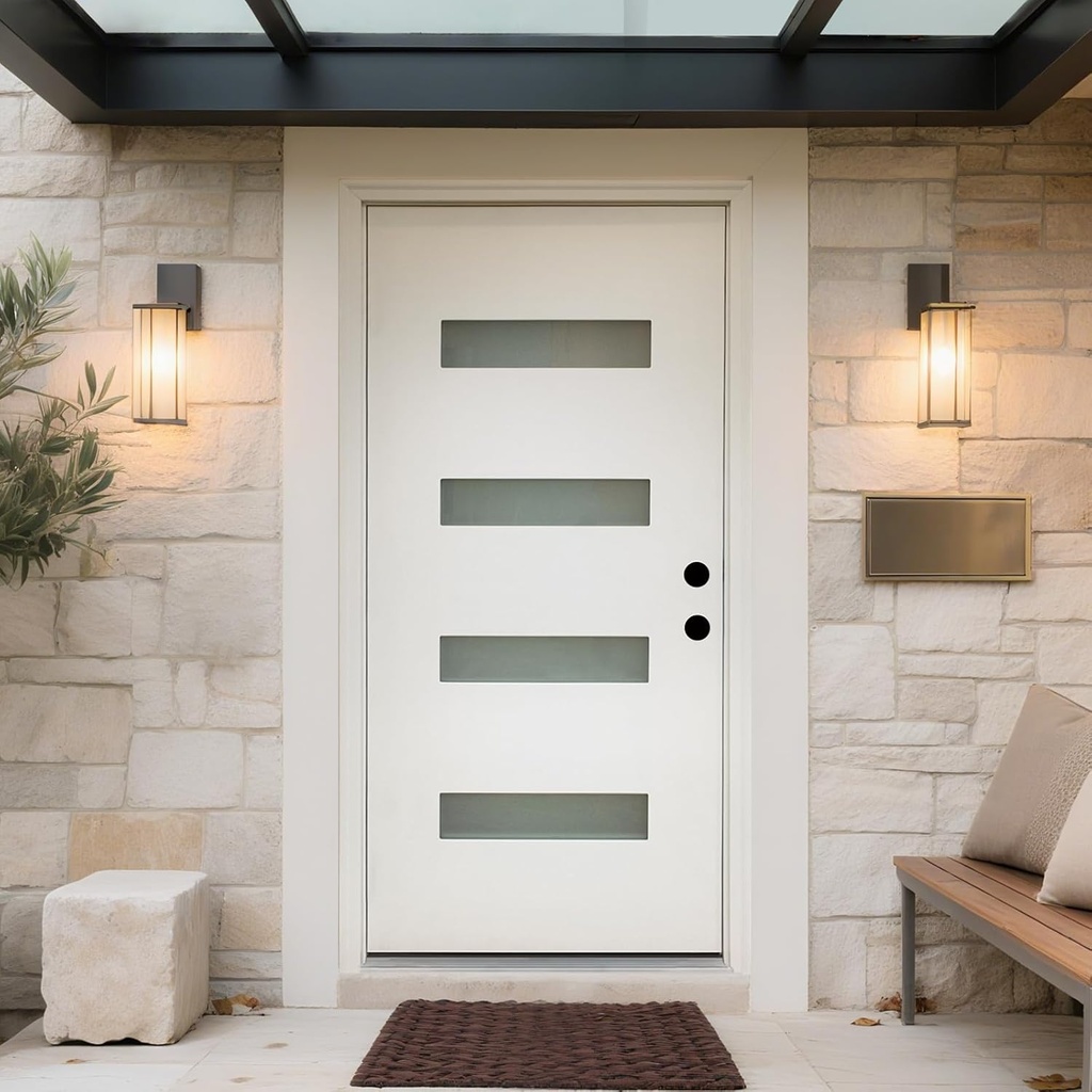36x80 Fiberglass Entry Door, White Finish, Vinyl Frame, 4-Lite Frosted Glass, Left Hand Inswing, Contemporary Front Entrance Door
