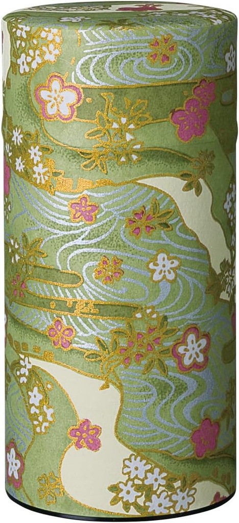 Japanese Tea Canister Tin Shikisai(Four Seasons Color) Green/Double Lid/Japanese Washi Paper Pasted /200g Tea Capacity/Loose Leaf Tea Storage/Storage Container with Lid