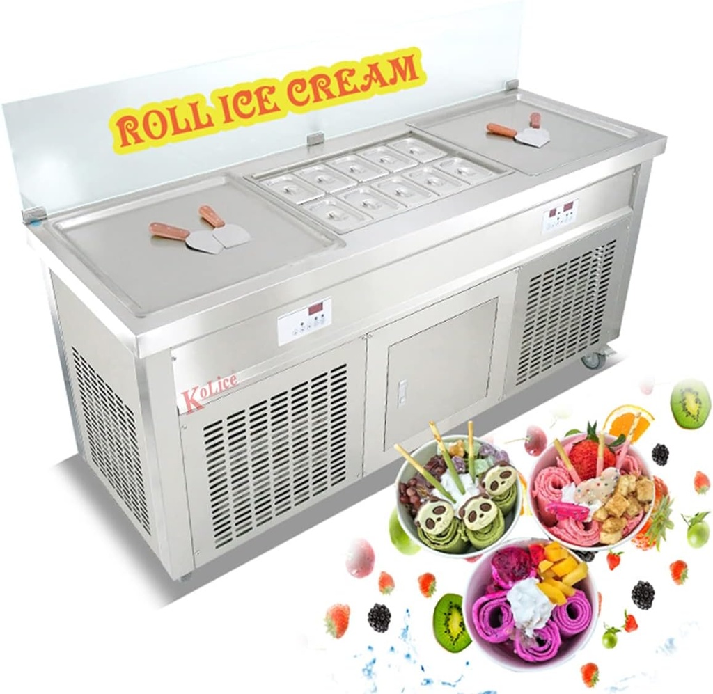 Kolice ETL Commercial 21x21 inches Double Square Pans Fried Ice Cream Machine, Roll Ice Cream Machine-10 pcs Refrigerated Buckets, Auto Defrost, Full Transperant Sneeze Guard