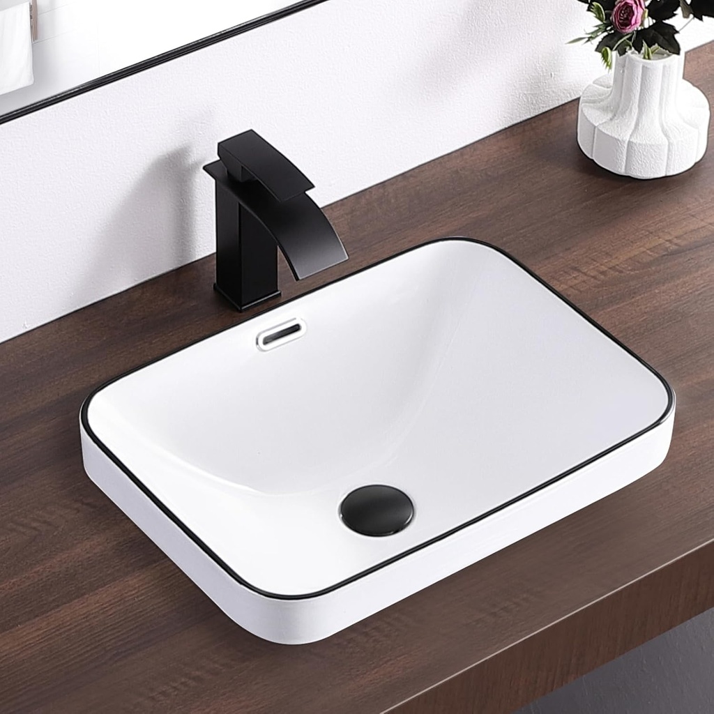 Bathroom Vessel Sink 18.2'' x 13.3'' Semi Recessed Bathroom Sink Rectangular Drop-in Vanity Sink with Overflow White with Black Rim Ceramic Modern Art Basin