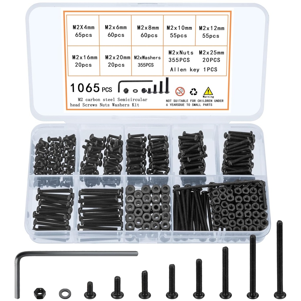 1065 Pcs M2 Screw Assortment, Bolts and Nuts Kit, Hex Socket Button Head Cap Screws and Nuts and Washers Set, Metric Machine Screw Assortment Kit (1065, M2)