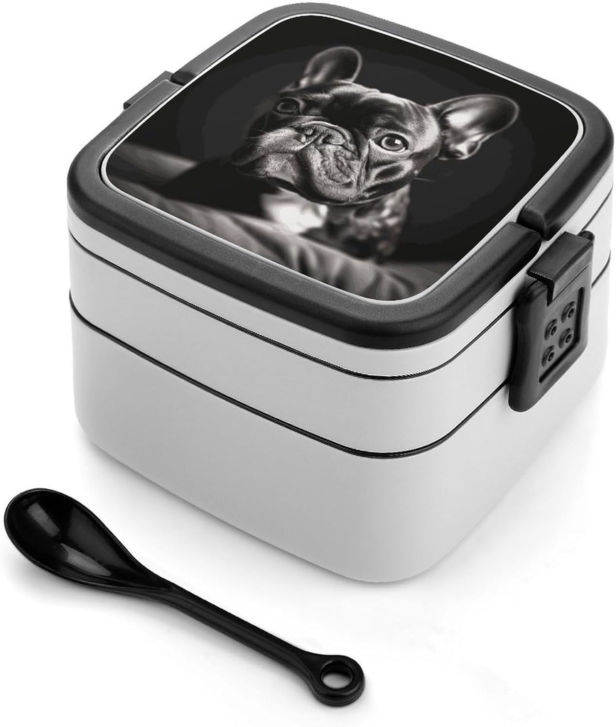 French Bulldog Bento Box with Compartments Double Layer Bento Lunch Box with Spoon And Handle All-in-One Adult Lunchbox Leakproof Lunch Container for Work Picnic Travel