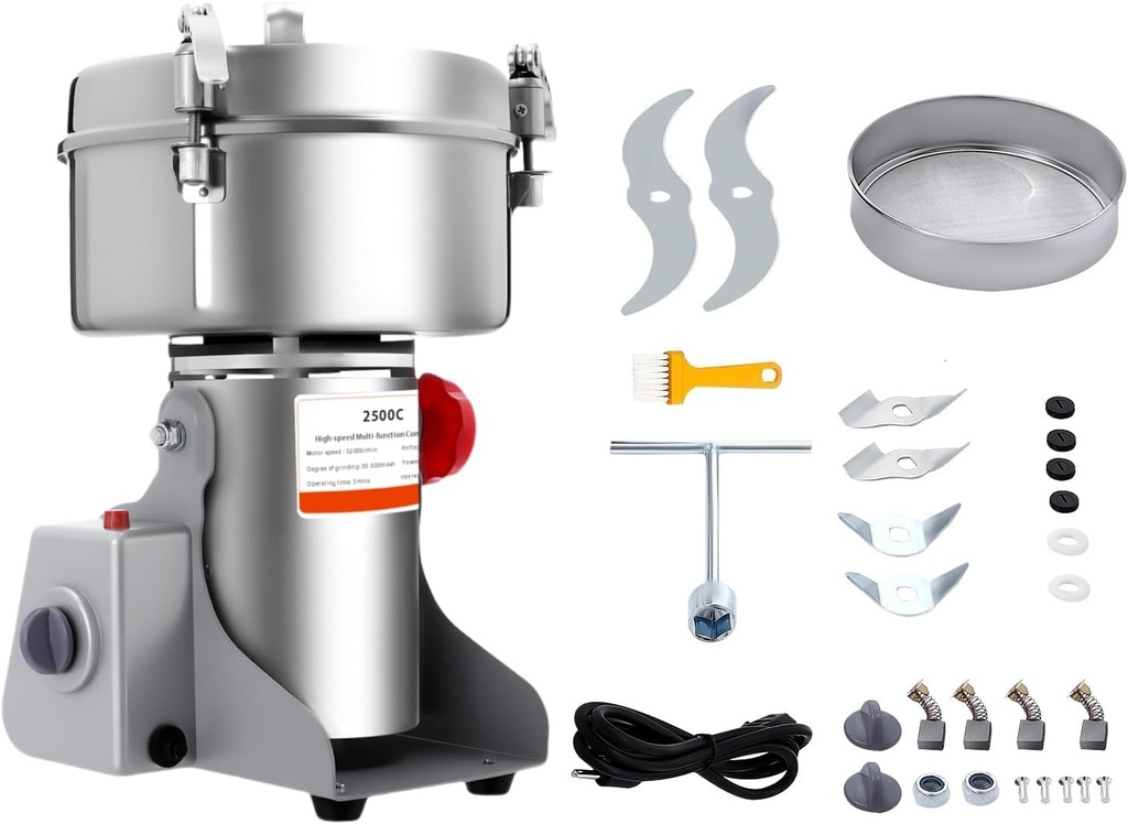 Electric Grain Grinder, High Speed Multi-Function Grain Grinder Commercial Cereals Grain Mill Portable Stainless Steel Pulverizer for Soybeans, Peppers, Coffee Beans 110V (2500g)