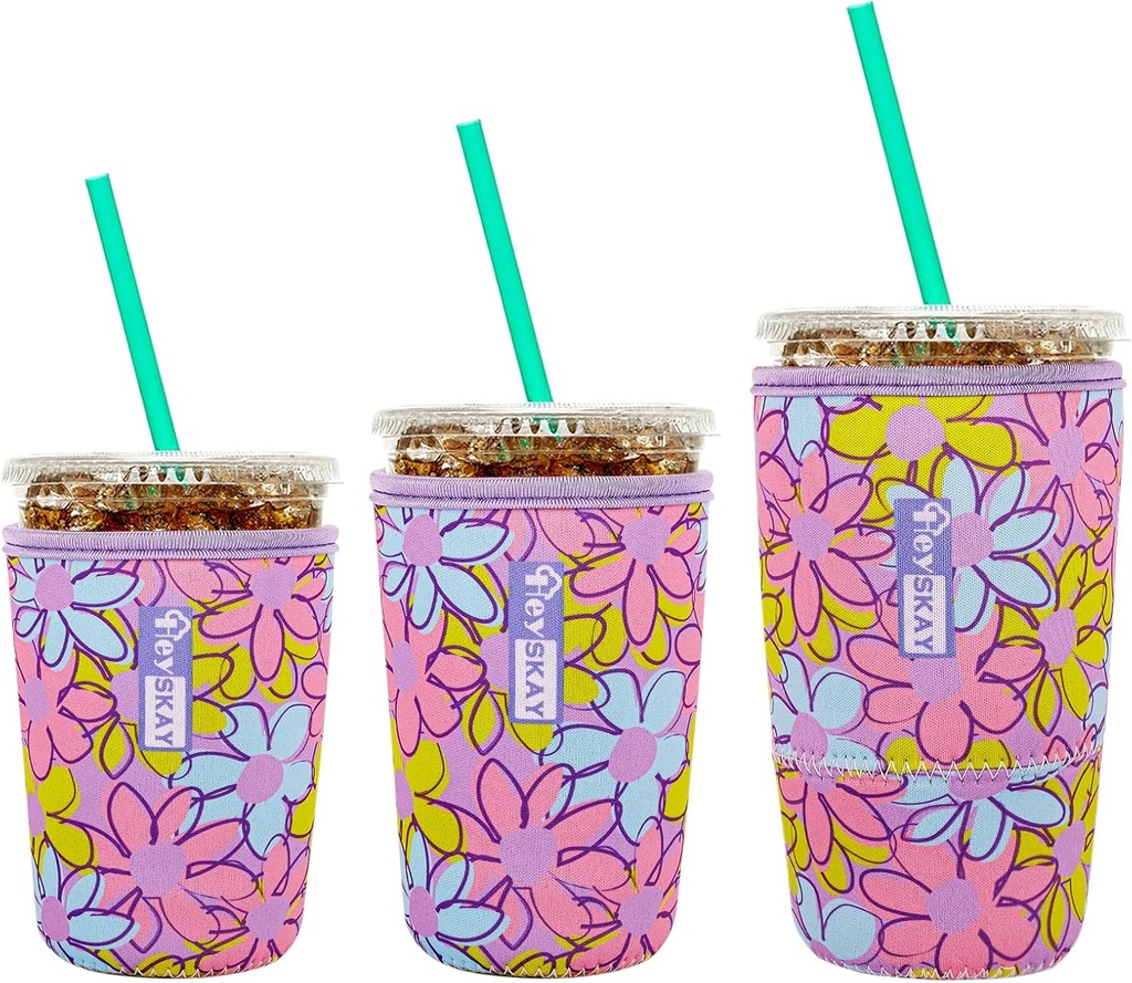 HEYSKAY Insulated Coffee Cup Sleeves Reusable Neoprene Iced Coffee Sleeve for Hot Cold Drinks Beverage Cooler Sleeve Coffee Koozies 16-32OZ for Starbucks Dunkin Coffee and More(Pink Purple Flower)