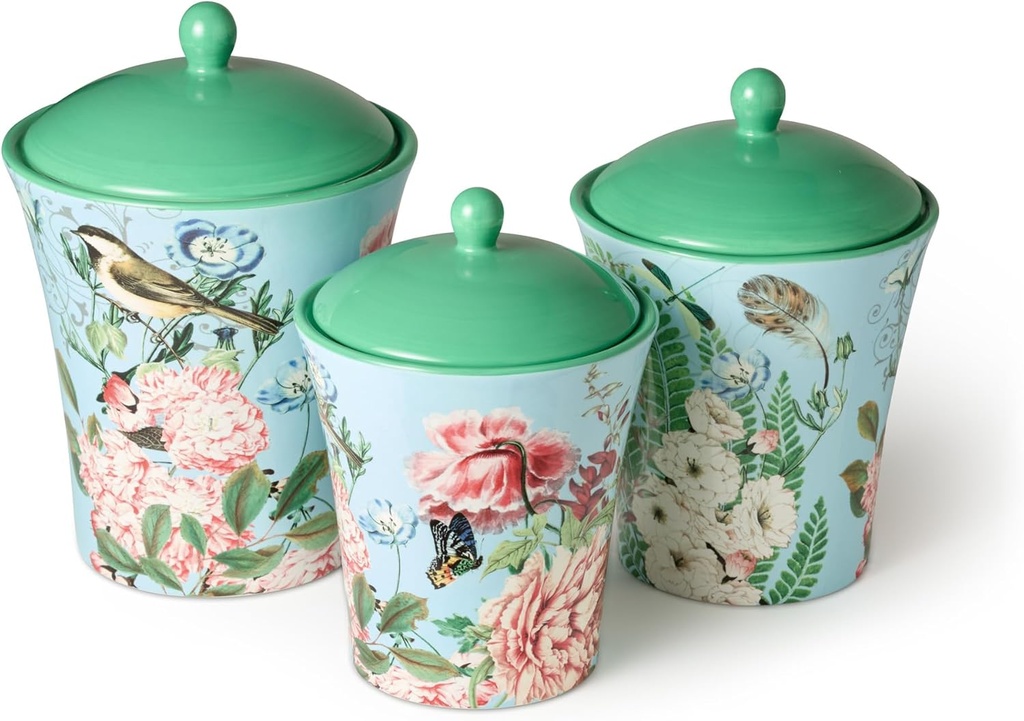 Flora Ceramic Canister Set – 3-Piece Airtight Storage Jars with Pastel Floral, Butterfly, and Dragonfly Designs, Perfect for Coffee, Sugar, Flour, Snacks, or Kitchen Countertop Décor