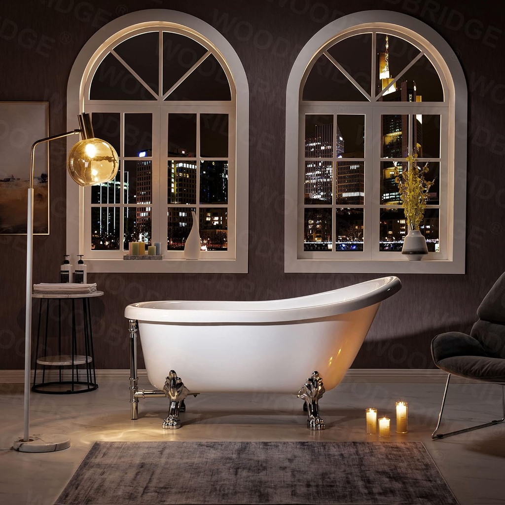 WOODBRIDGE 59" Heavy Duty Acrylic Slipper Clawfoot Bath Tub with Chrome Feet + Chrome Drain &Overflow