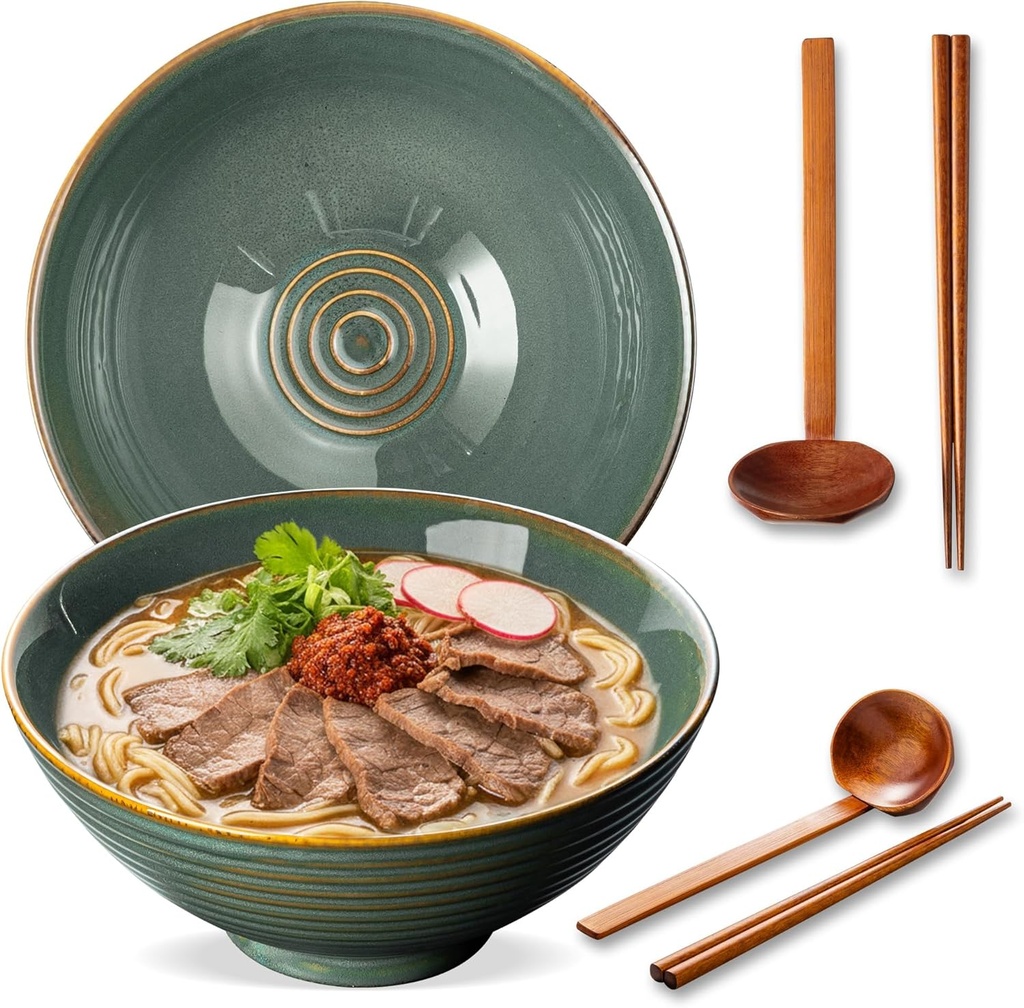 8 Inch Ceramic Ramen Bowl Set of 2, 40oz Japanese Bowls with Spoons & Chopsticks,Durable,Microwave & Dishwasher Safe,Perfect for Ramen,Pho,Salad,Soup,Noodles，Mixing bowls（Dark Teal）
