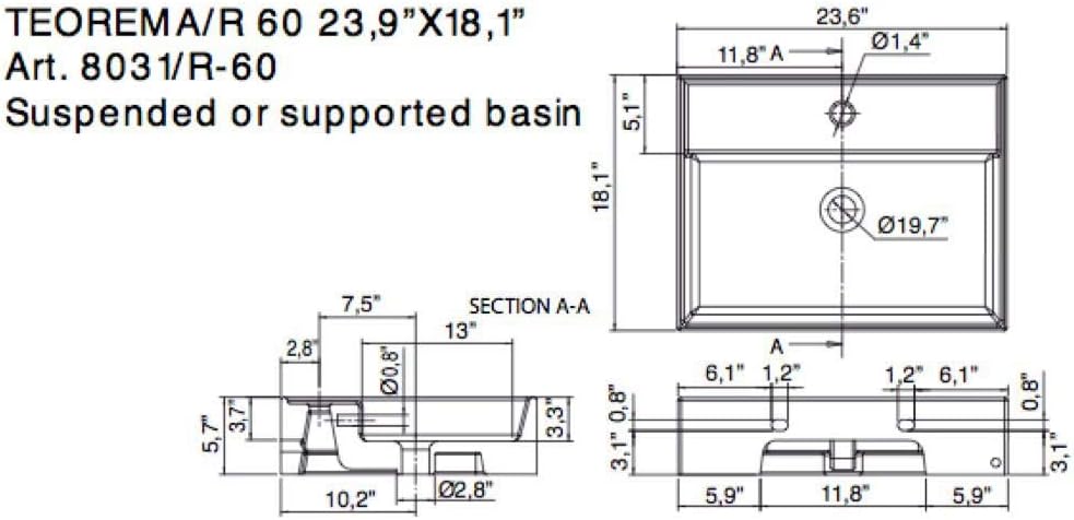 Nameeks 8031/R-60-One Hole Scarabeo 23-5/8" Ceramic Wall Mounted/Vessel Bathroom Sink with One Faucet Hole - Includes Overflow - Matte Black