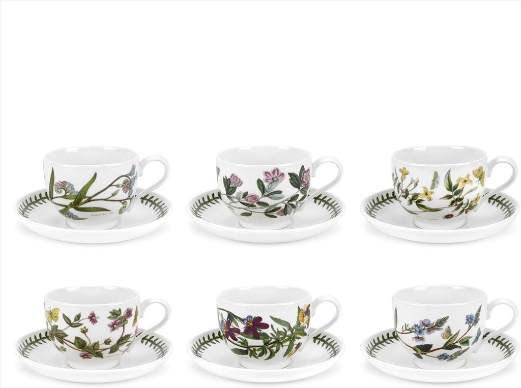Portmeirion Botanic Garden 10oz Teacup and Saucer - Set of 6 | Assorted Floral Motifs | Fine Earthenware | Chip Resistant Glaze | Dishwasher, Microwave, Freezer, Oven Safe | Made in England