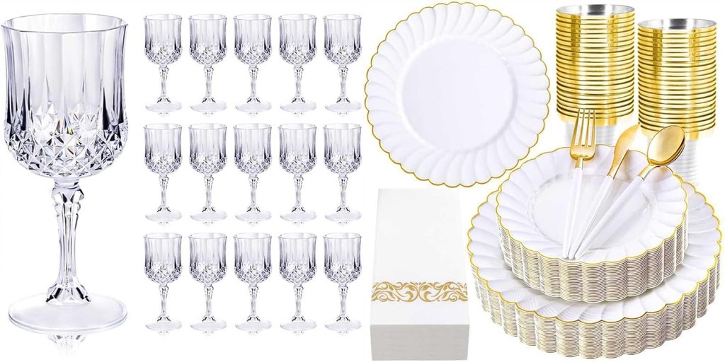 Ciaell 24 pieces of plastic wine glasses and 175 pieces of ivory scallop plastic plates are suitable for weddings, bars, wine, beer, juice, cocktails and whisky