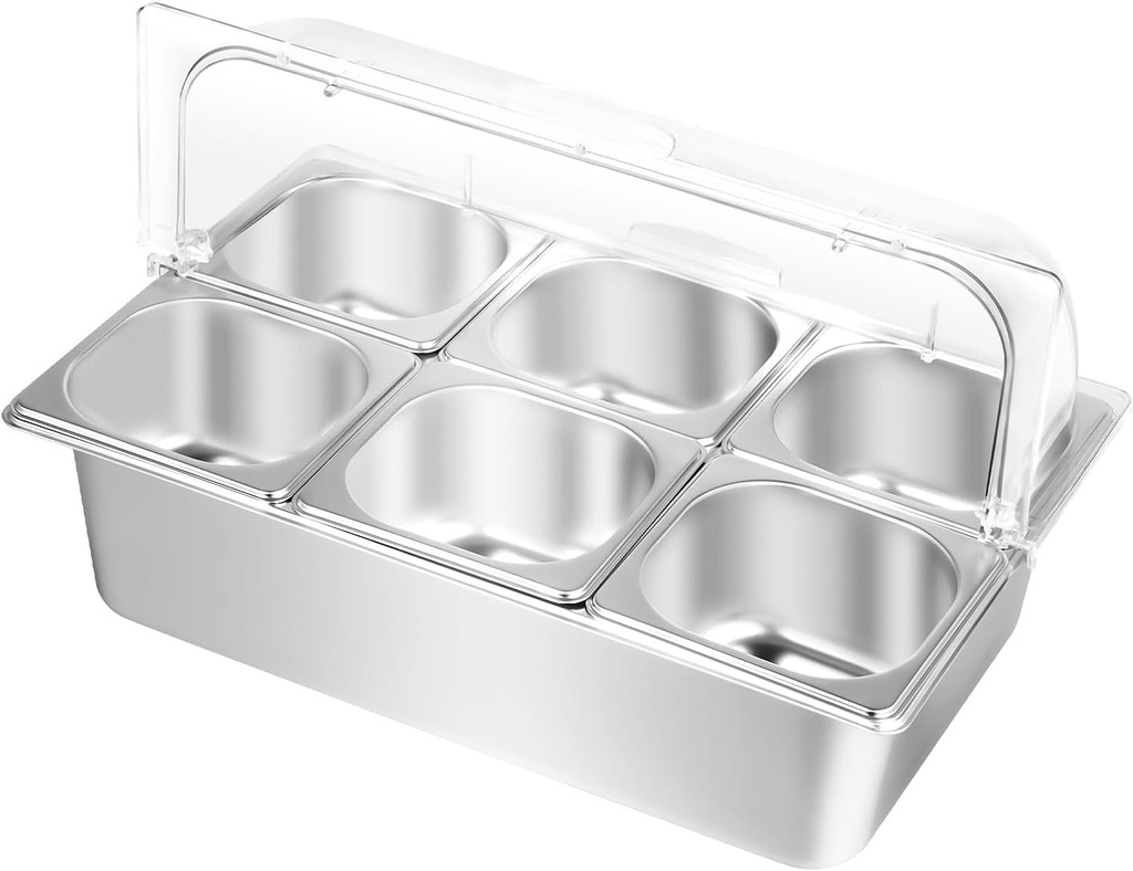 Countertop Food Serving Display Container and Clear Roll Top Cover, Stainless Steel Ice Food Serving Tray 6 Pans, Chilled Buffet Condiment Dispenser Display Stand for Restaurant Hotel