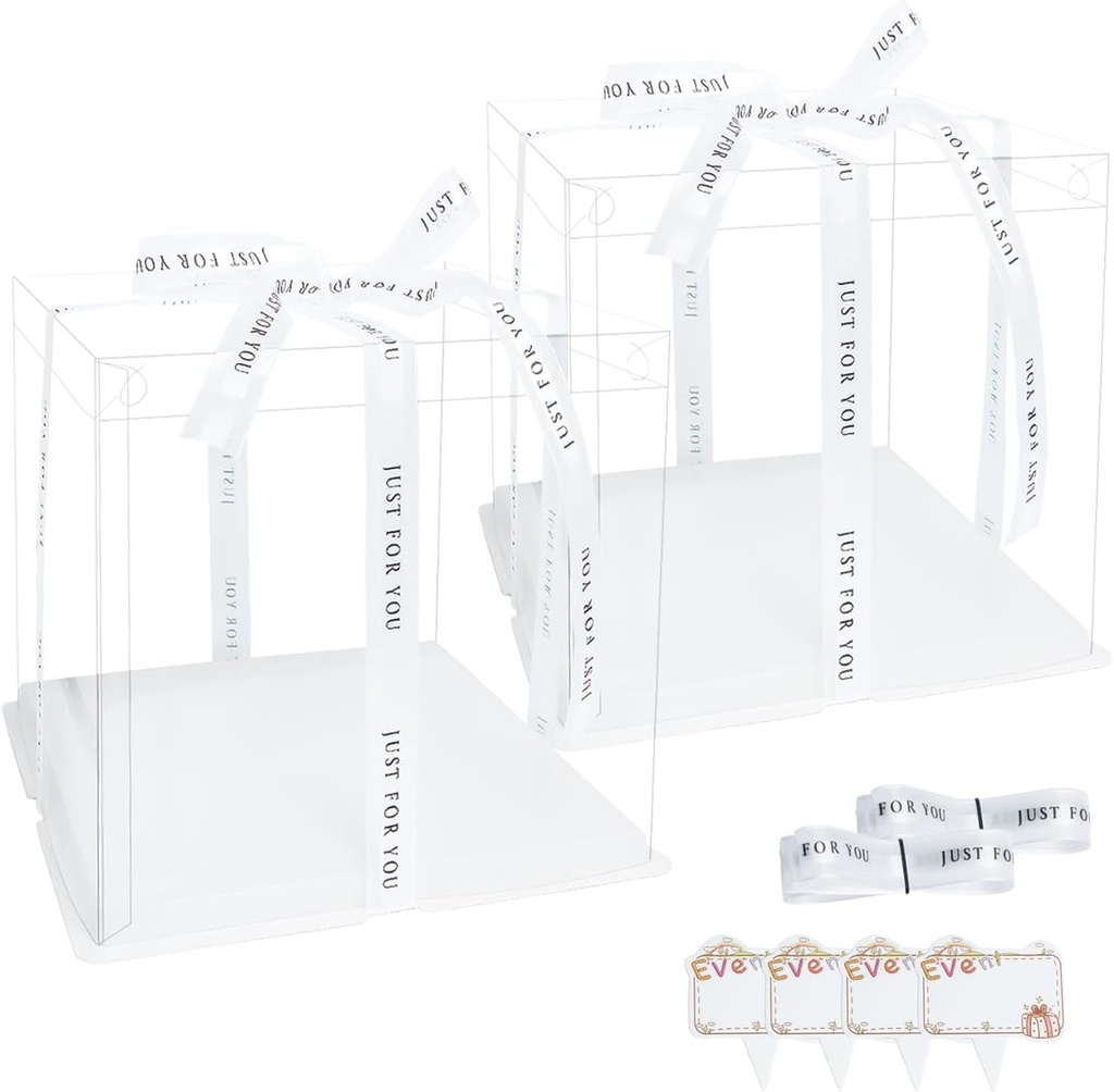 Clear Cake Box, 2 Pcs Transparent Trat Carrier with Lids, 8'' PET Pie Packaging Boxes with Ribbon Gift Card for Pastries, Take Out Containers for Birthday, Festival Party and Wedding, White.