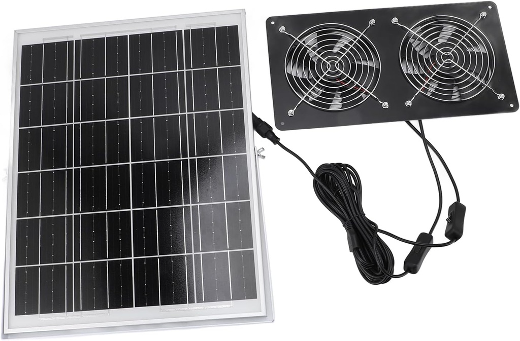 16.54 x 12.99 x 0.67in Solar Dual Fan Kit 30W IP65 Waterproofing Tempered Glass Laminate 17mm Aluminum Alloy Frame Ventilation Solar Fan for Outdoor Pet House Shed