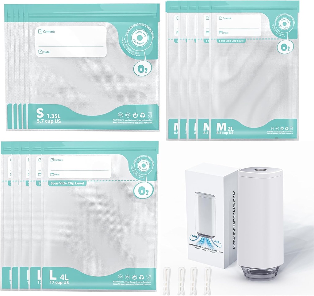 Sous Vide Bags & Electric Mini Vacuum Sealer Machine Kit, 1pc*Portable Vacuum Pump with 15 Pcs (S M L each size 5pcs) Reusable Vacuum Sealer Bags, 4 Sealing Clip for Food Storage Sous Vide Cooking