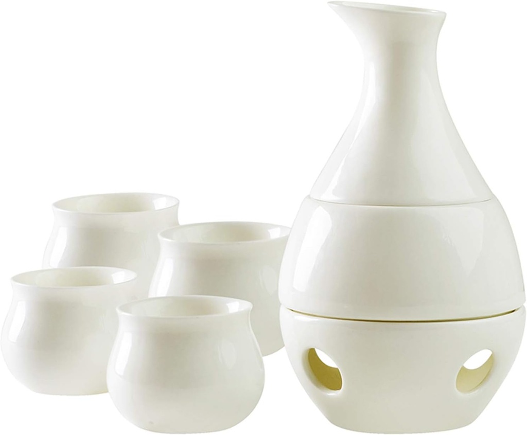Sake Set, Saki Cups，Crafts Cup Ceramic Sake Set， Sake Set and Cups with Warmer, Traditional Porcelain Japanese Pottery Hot Saki Drink Kit, 7-Piece Include 1 Stove 1 Warming Bowl 1 Sake Bottle 4 Cup