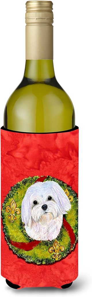 Caroline's Treasures SS4172LITERK Maltese Cristmas Wreath Wine Bottle Hugger Bottle Cooler Sleeve Hugger Machine Washable Collapsible Insulator Beverage Insulated Holder