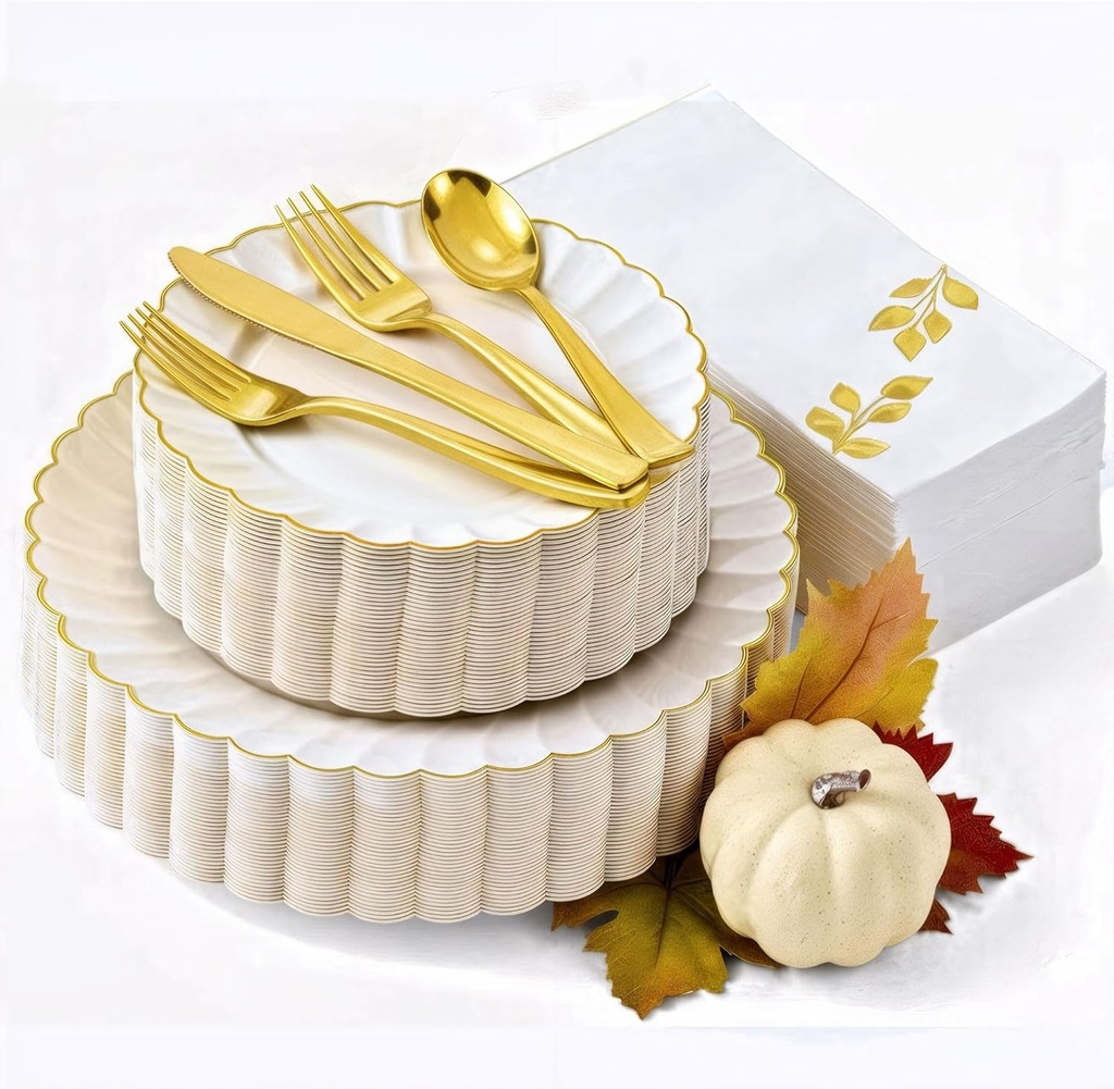 By Madee HIGH END 175 Pc Ivory Scalloped Plastic Plates with Gold Trim | Fancy Disposable Dinnerware Set | Nice Disposable Plates and Cutlery Set w/Cloth Like Napkins for Weddings & Party (25 Guests)