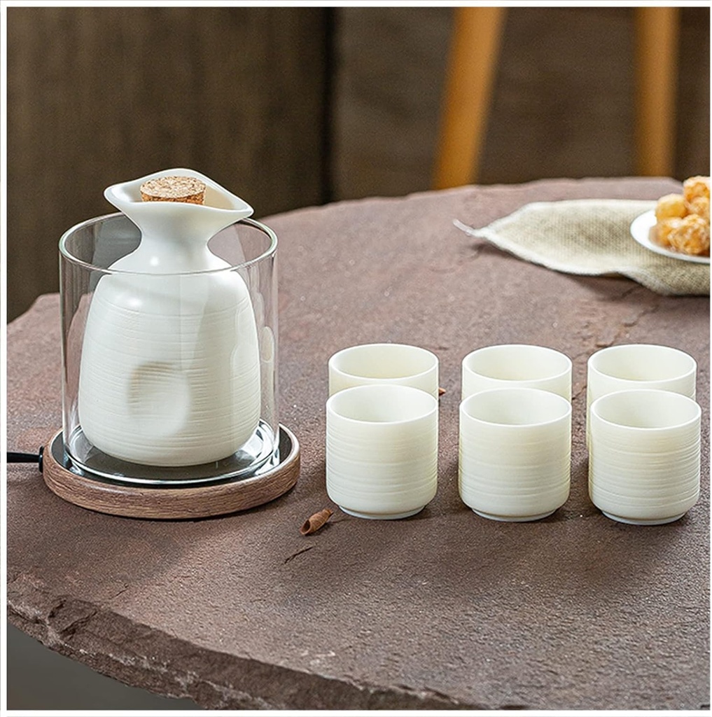 Ceramic Sake Set, Sake Set with Warmer, Traditional Hot Saka Set 7-Piece Including 1Pc Warming Mug, 1Pc Sake Pot, 4Pcs Sake Cups and Electric Heating Base (A 1 Pot 6 Cups)