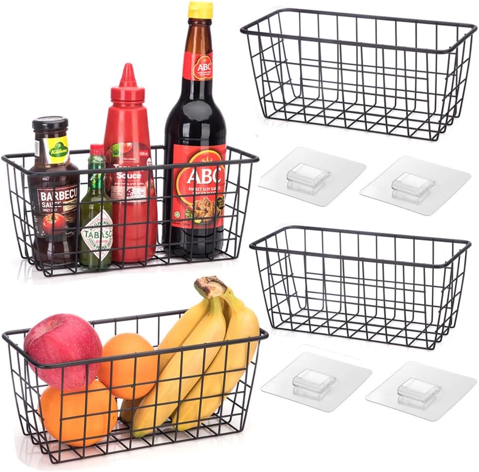 Hanging Kitchen Baskets Adhesive Sturdy Wire Storage Baskets with Kitchen Food Pantry Bathroom Shelf Storage No Drilling Wall Mounted,Black,4 Pack