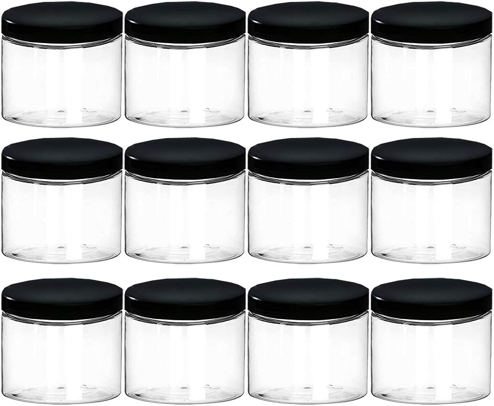 18.9oz (560 ml) Empty Clear Wide Mouth Plastic Jars with Smooth Black Lids and Labels (12 Pack) – PET Containers Great for Cream,Cosmetics,Slime Storage Jars –BPA Free