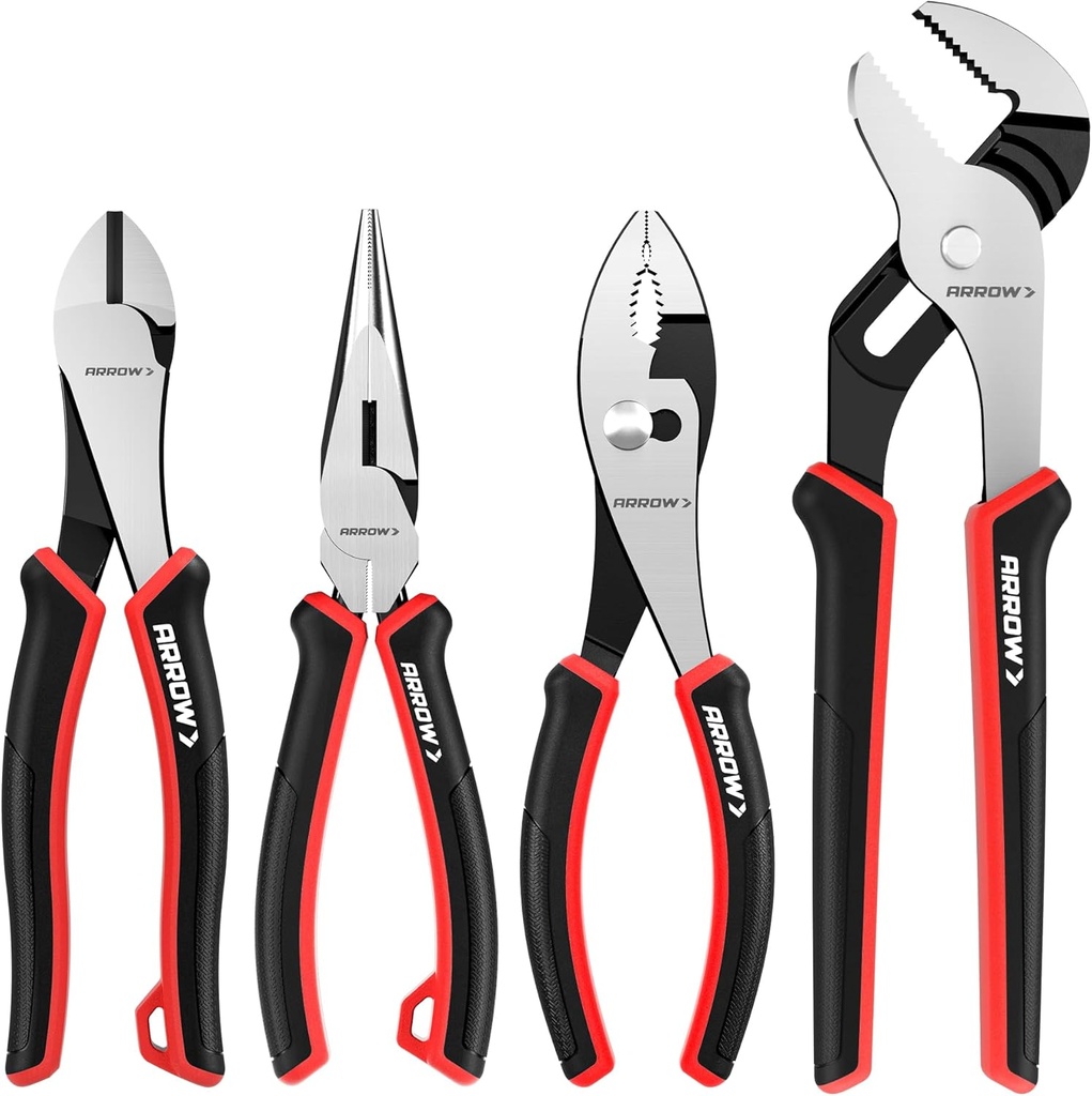 ARROW 4-Piece Pliers Set, Includes 8 Inch Diagonal, Long Nose, Slip Joint, 10 Inch Groove Joint Pliers, Ergonomic Anti-slip Handle, for Basic Repair