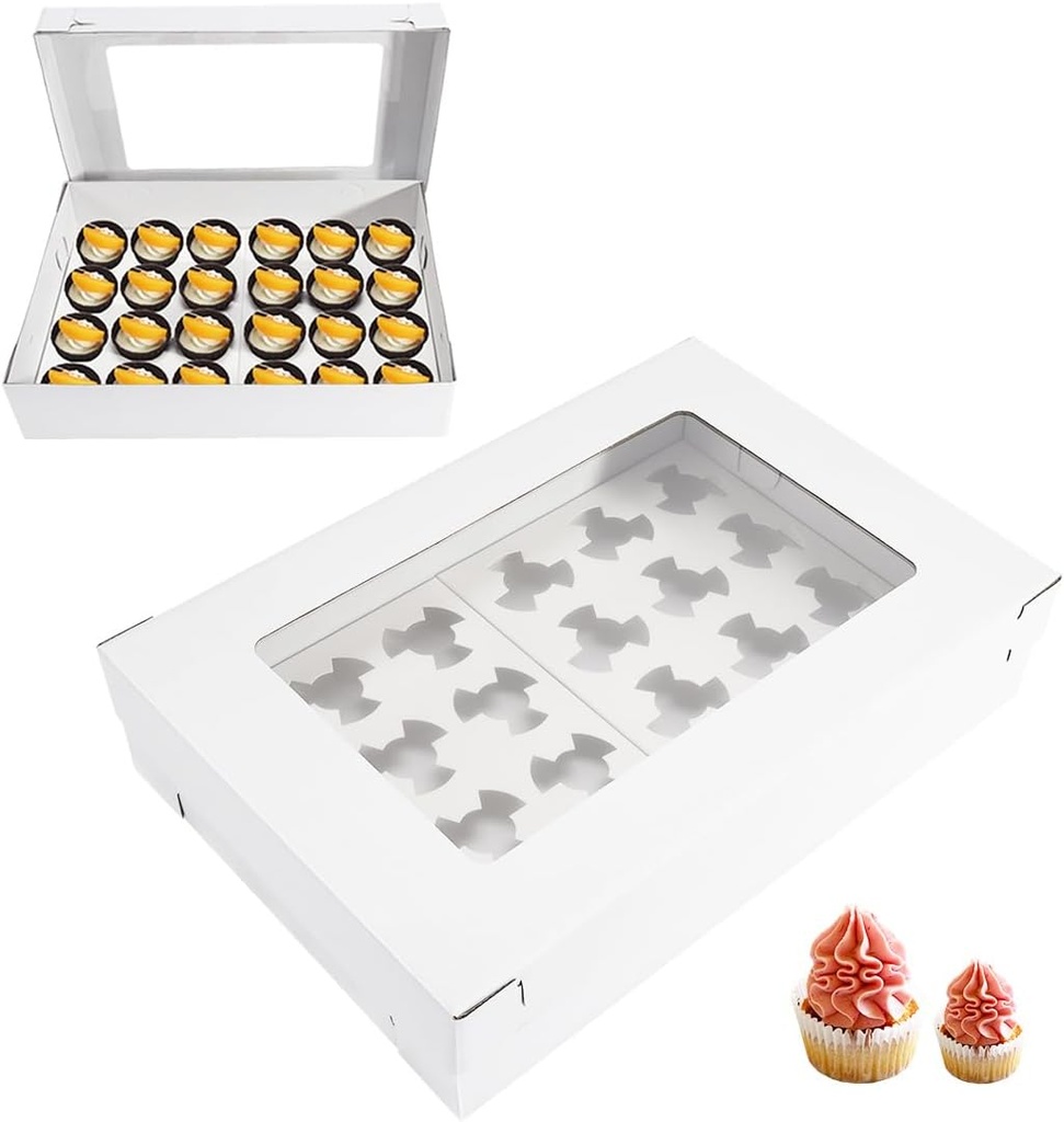 6 Pack Cupcake Boxes with Window for 24 Standard or Mini Cupcakes Corrugated Adjustable Height Bakery Box for Cake,Cookies,Donuts,Muffins&Other Pastries（17.7x11.8x4 Inch）