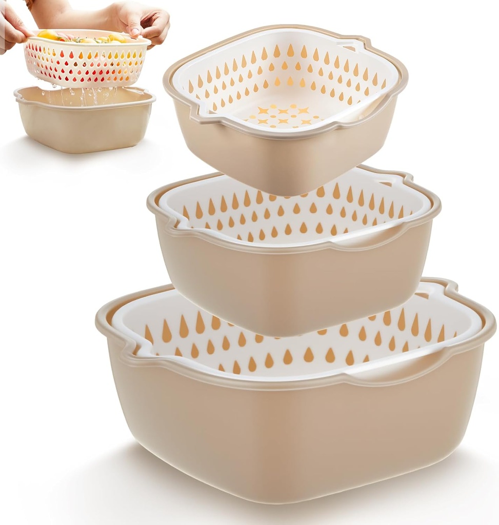 LemonRoad 6 Pcs Drain Colander Bowl Set Fruits and Vegetable Washing Strainer Detachable Double-layer Plastic Kitchen Food Basket, Kitchen Essential Gadgets (White,Grey)