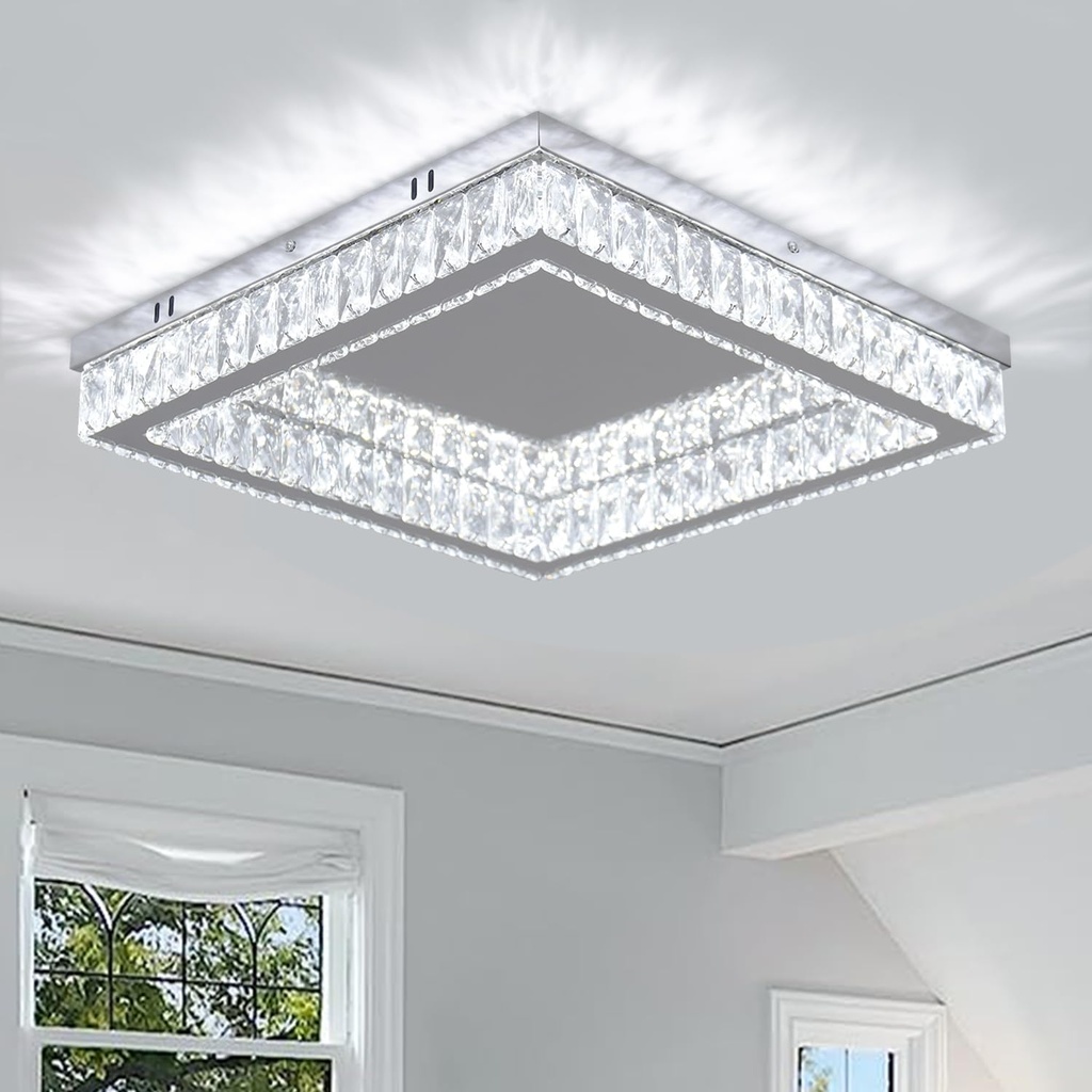 Finktonglan Modern Square Crystal LED Ceiling Light - 17.7 inch Flush Mount Stainless Steel Chandelier for Living Room, Bedroom, Dining Room, 6000K, 34 Watts