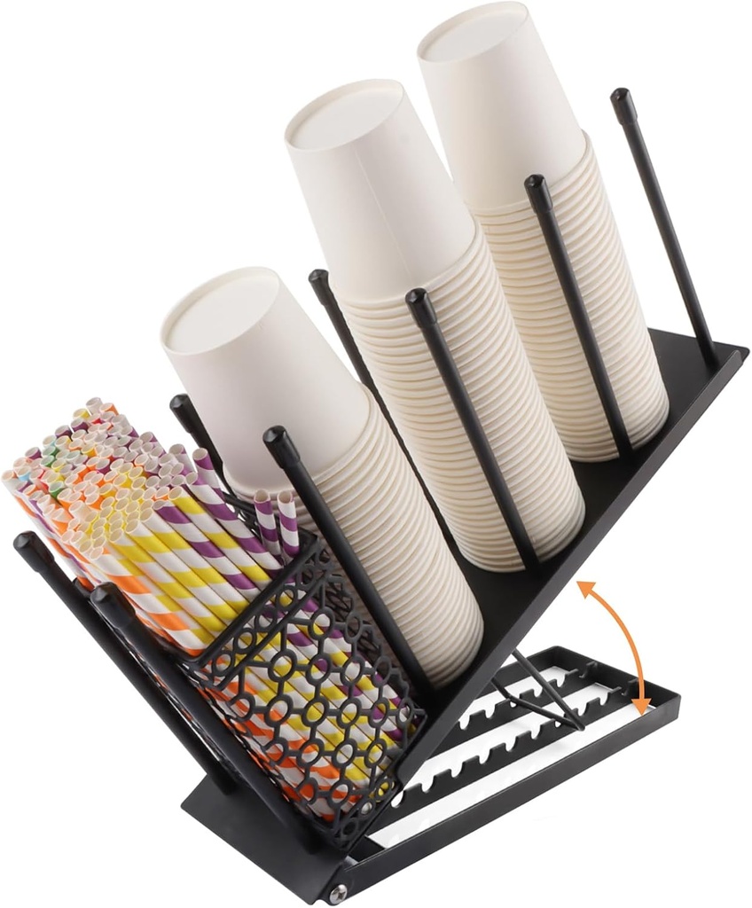 Cup and Lid Holder, Adjustable Coffee Cup Holder Organizer, Black 4 Metal Compartment Cup Dispenser with Mesh Basket, for Coffee Cup, Disposable Paper Cups, Plastic Cups, 15.3 X3.9x7.1 Inches