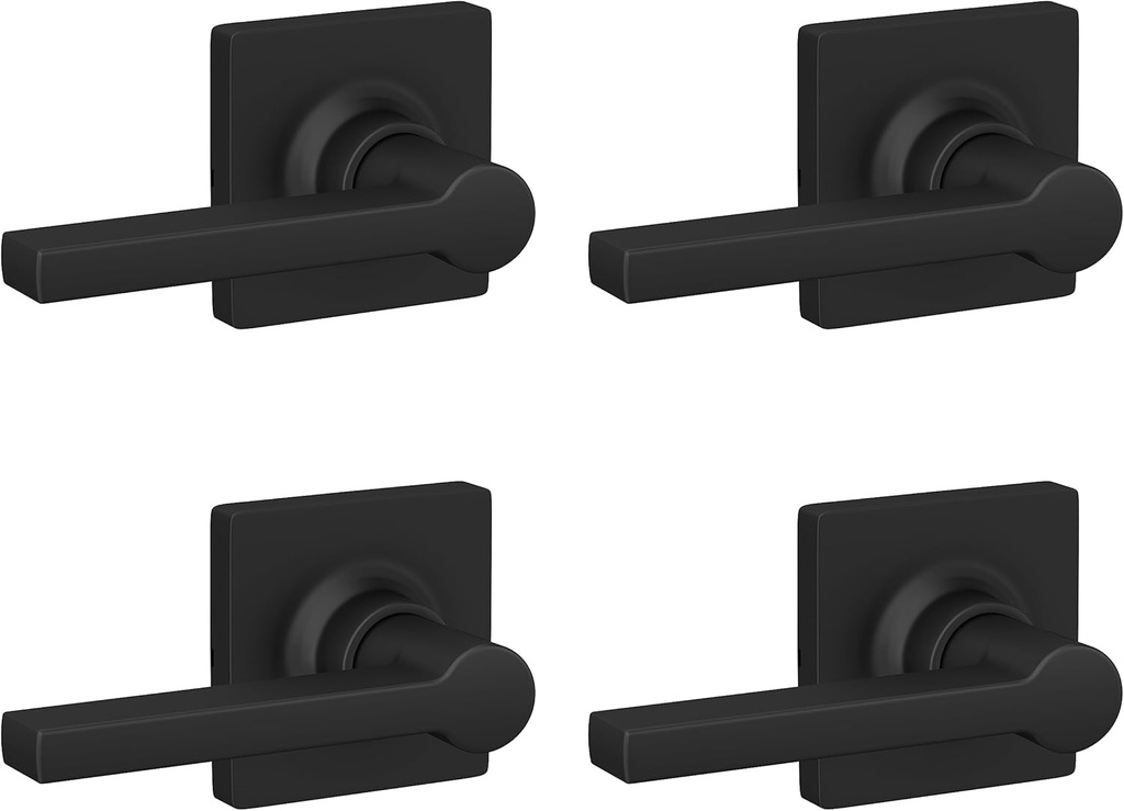 Lock Scout Straight Lever with Square Trim Hall and Closet Door Handle, Matte Black Finish, 4 Pack
