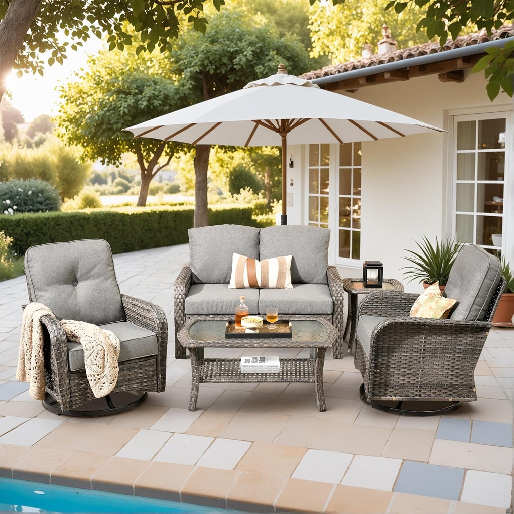 5 Pieces Outdoor Patio Furniture Set with Coffee Table, All Weather Wicker Patio Conversation Sets with Rocking Chairs, Balcony Furniture Sets for Backyard, Garden, Poolside, Dark Grey