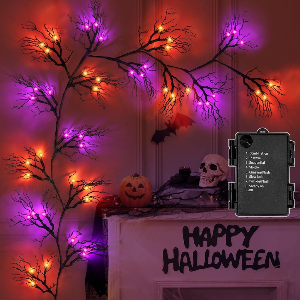 [ 8 Modes & Timer ] 9 Ft 66 LED Halloween Willow Vine Twig Garland Decorations Orange & Purple Lights, Battery Operated Waterproof Halloween Decorations for Home Wall Fireplace Mantle Decor