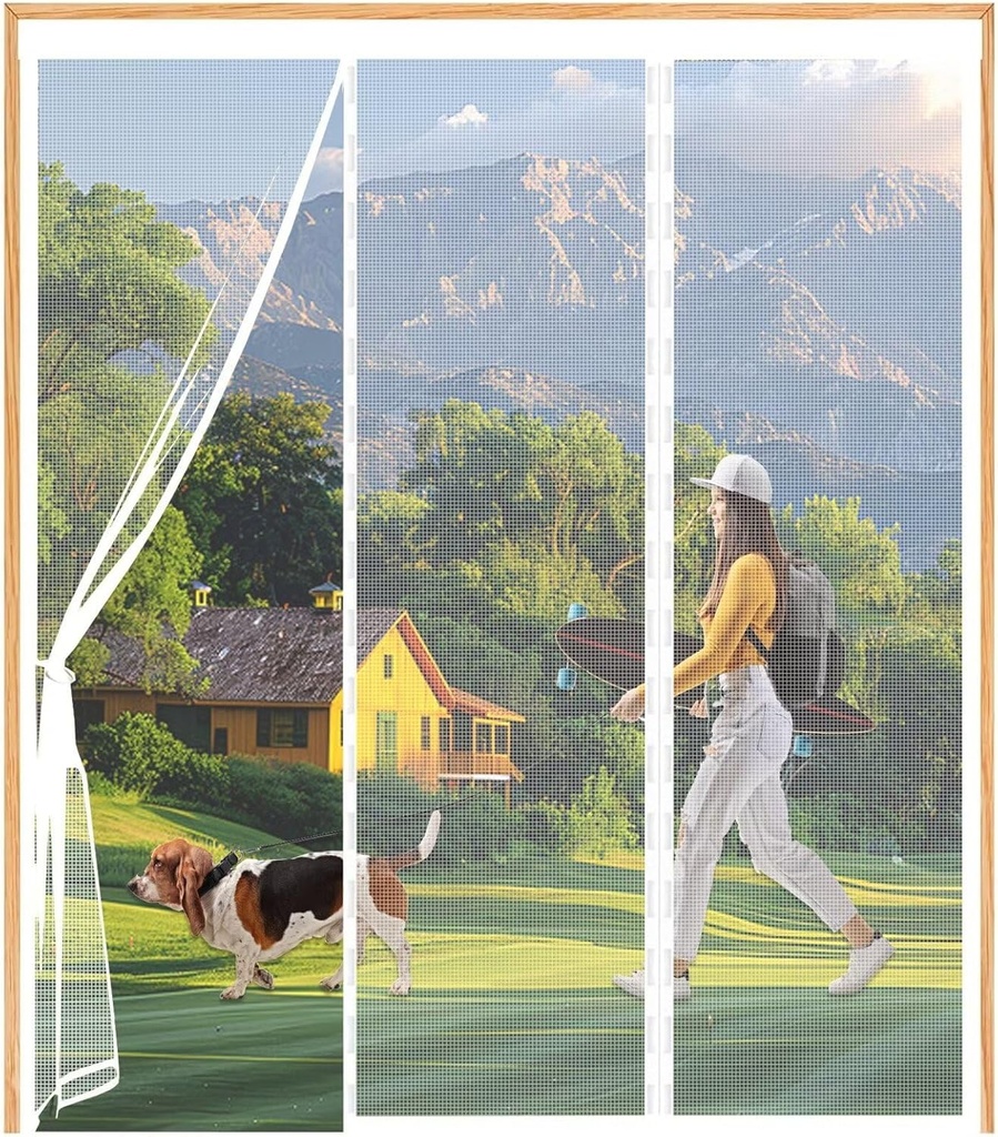 Magnetic Double Garage Screen Door 240x220cm White Reinforced Self Sealing Fiberglass Mesh Door Screen with Strapping Tapes, Hands Free Door Screen with Closure Weighted Bottom