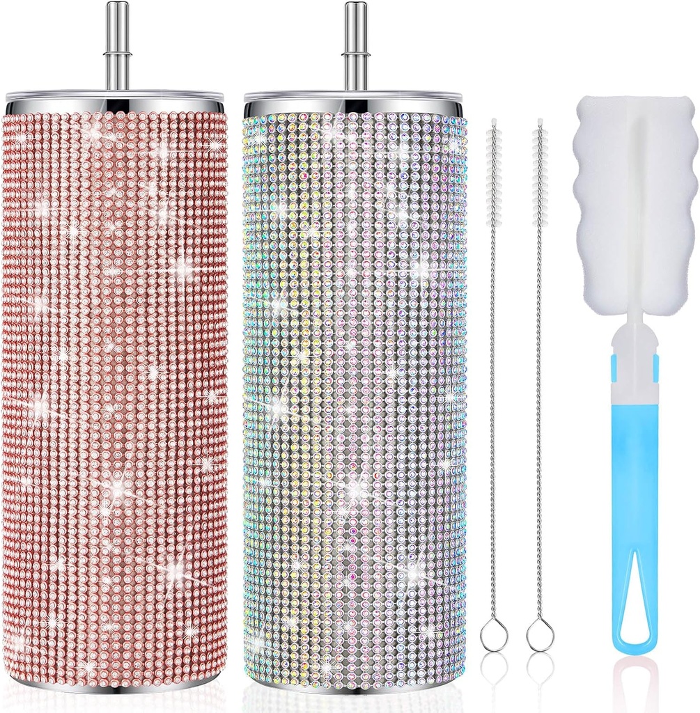 Tessco 2 Pcs Bling Tumbler 20oz Rhinestone Cup Christmas Gift Cup Glitter Diamond Bottle with Lid and Straw Stainless Steel Bling Thermal Water Bottle for Women (Colorful, Rose Gold)