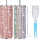 Tessco 2 Pcs Bling Tumbler 20oz Rhinestone Cup Christmas Gift Cup Glitter Diamond Bottle with Lid and Straw Stainless Steel Bling Thermal Water Bottle for Women (Colorful, Rose Gold)