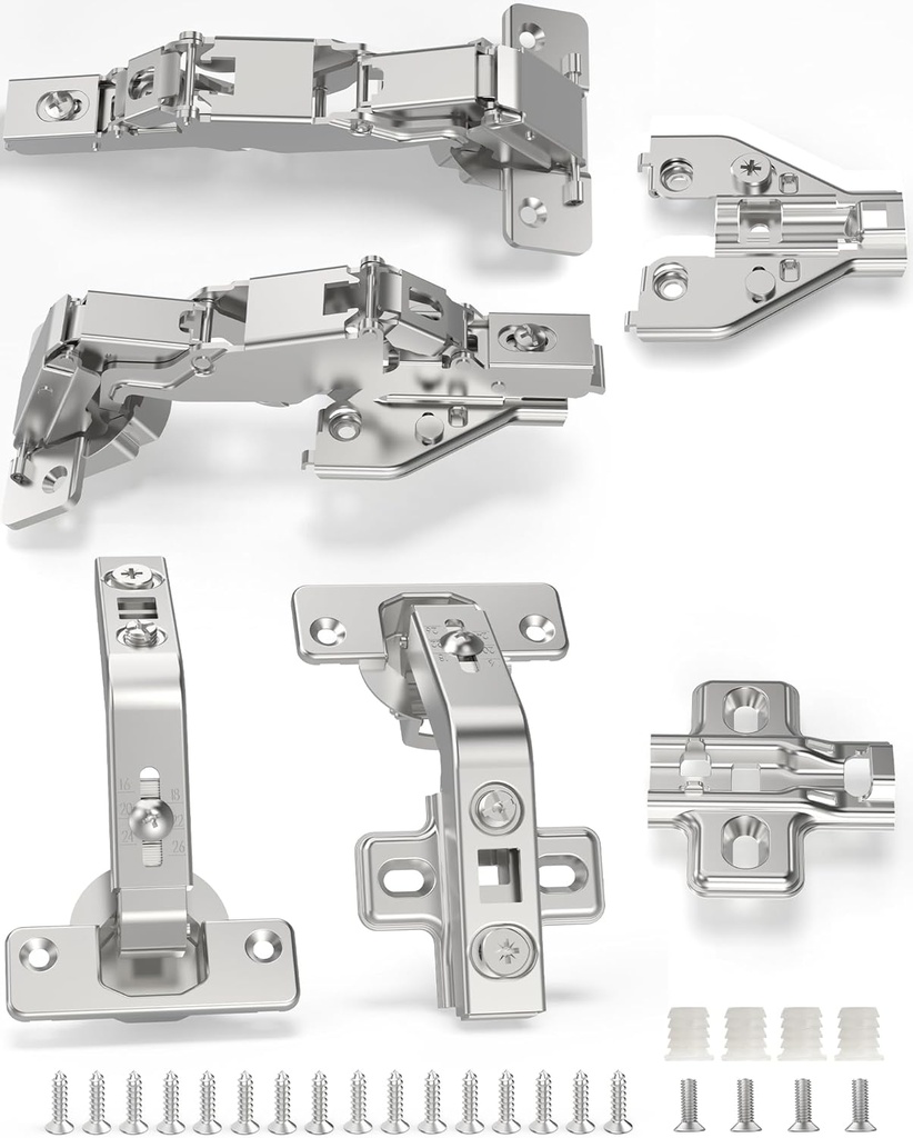 Chibery 2 Pair 135 Degree & 165 Degree Hinges Kit for Pie Corner Cabinets, Hidden Lazy Susan, Face Frame Self Closing, Clip On, Smooth Slow Close, Concealed Mount for Bi-fold Door, Kitchen Cupboard