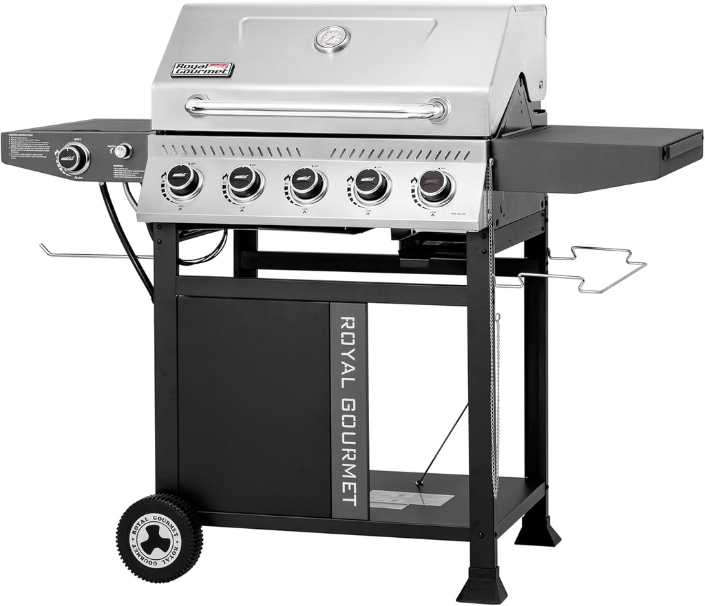 Royal Gourmet GA5406TS 5 Burner Propane Gas Grill with Side Burner and Sear Burner, Cart Style Gas BBQ Grill with Porcelain-Enameled Cast Iron Grates for Backyard Cooking, Silver & Black