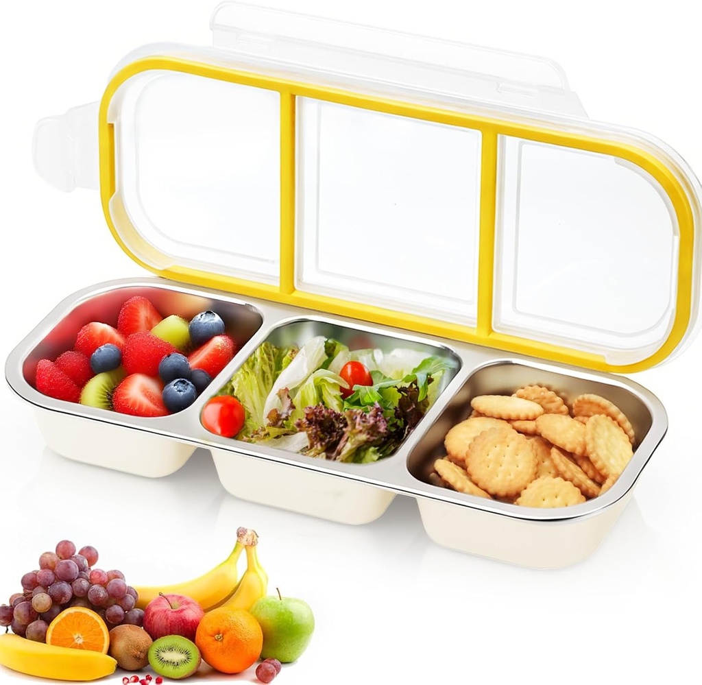 Stainless Steel Snack Containers with Lids, 3 Compartment Snackle Box Containers for Adults, Reusable Metal Lunch Box, Leak Proof Divided Food Storage Containers for Home, Picnic, Work, Travel