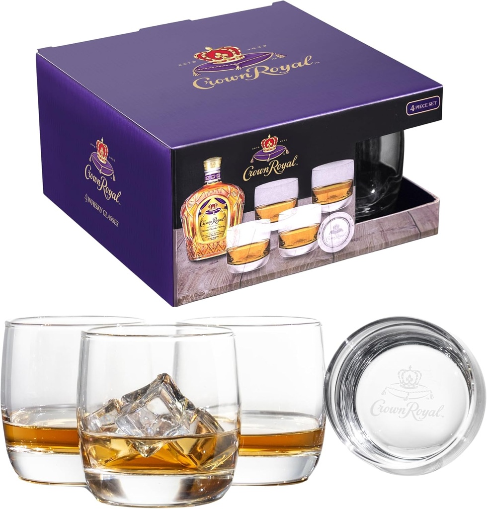 Crown Royal Whiskey Glass Set – Set of Four 10oz Rocks Glasses – Officially Licensed Barware for Bourbon, Scotch & Cocktails Compatible