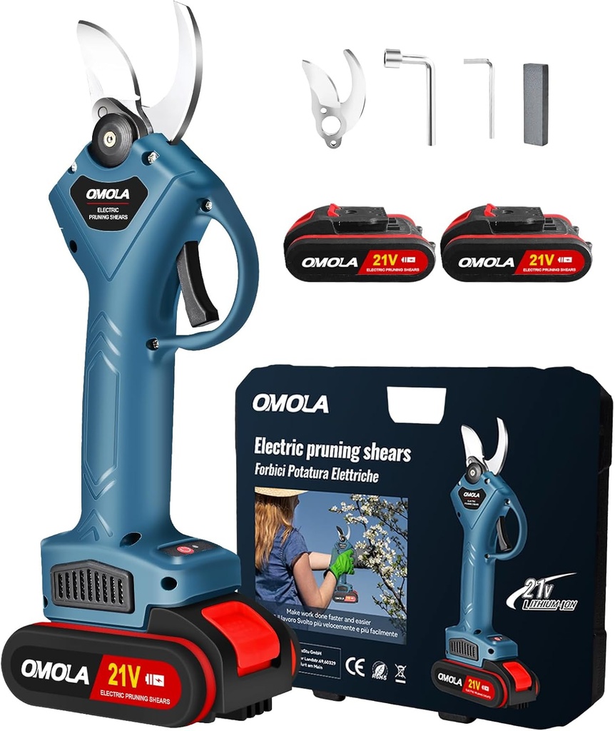 OMOLA Electric Pruning Shears,with 2 PCS Rechargeable 21V 2Ah 2000mA Lithium Battery Powered and 2 Blades，1Inch/25mm Cutting Diameter,6-8 Working Hours…