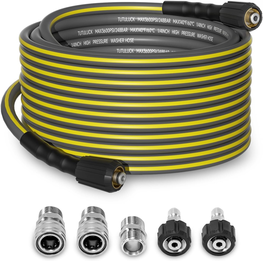 Flexible Pressure Washer Hose 50FT, 1/4'' Kink Resistant 3600 PSI Power Washer Hose Extension with M22 and 3/8" Quick Connection Kit for Gas and Electric Pressure Washers