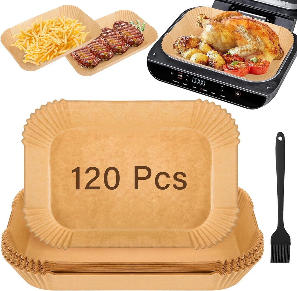 120pcs Air Fryer Liners Disposable for Ninja FG551/DG551/IG651/IG601 Foodi Smart XL Indoor Grill, Unbleach Parchment Paper Sheets with Oil Brush for Ninja Foodi Grill