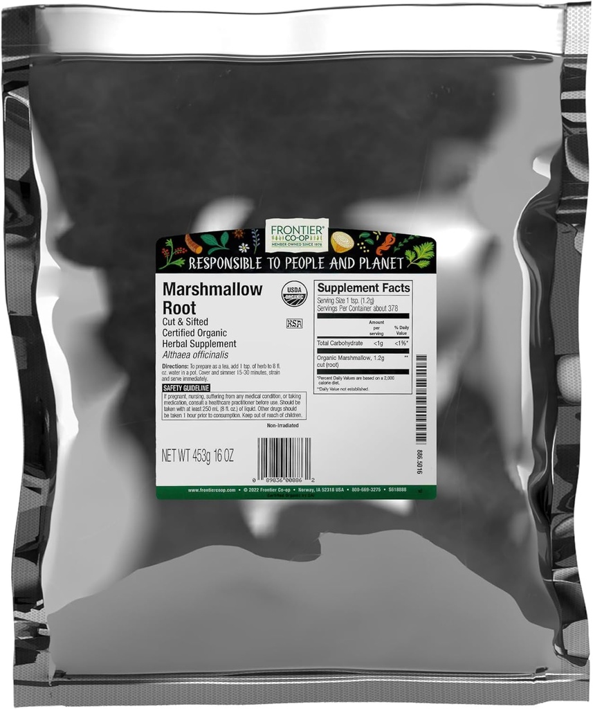 Frontier Co-op Organic Marshmallow Root Herb, Cut and Sifted, 1lb Bulk Bag – Perfect for Marshmallow Root Tea, Powder, Capsules and More