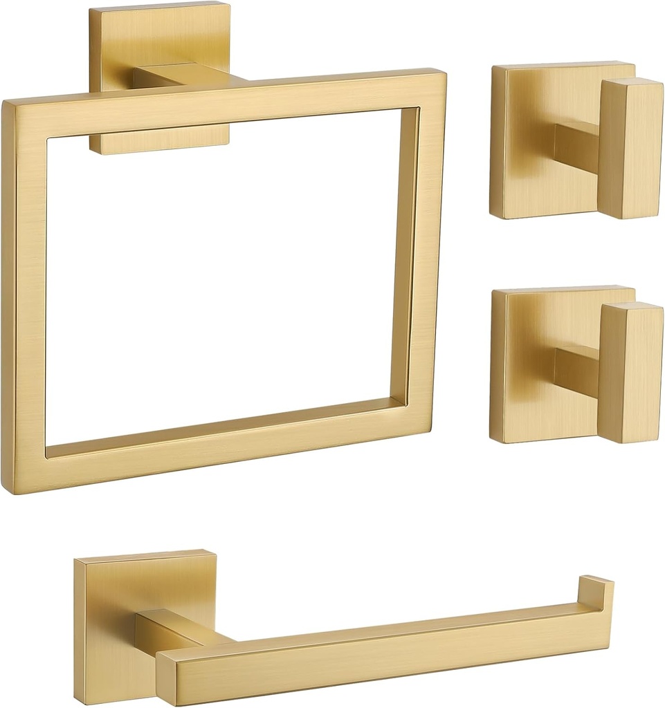 Brushed Gold Bathroom Hardware Set 4 Pieces, Toilet Paper Holder Set SUS304 Stainless Steel Bath Hand Towel Ring for Bathroom Hardware Accessories Set Wall Mounted