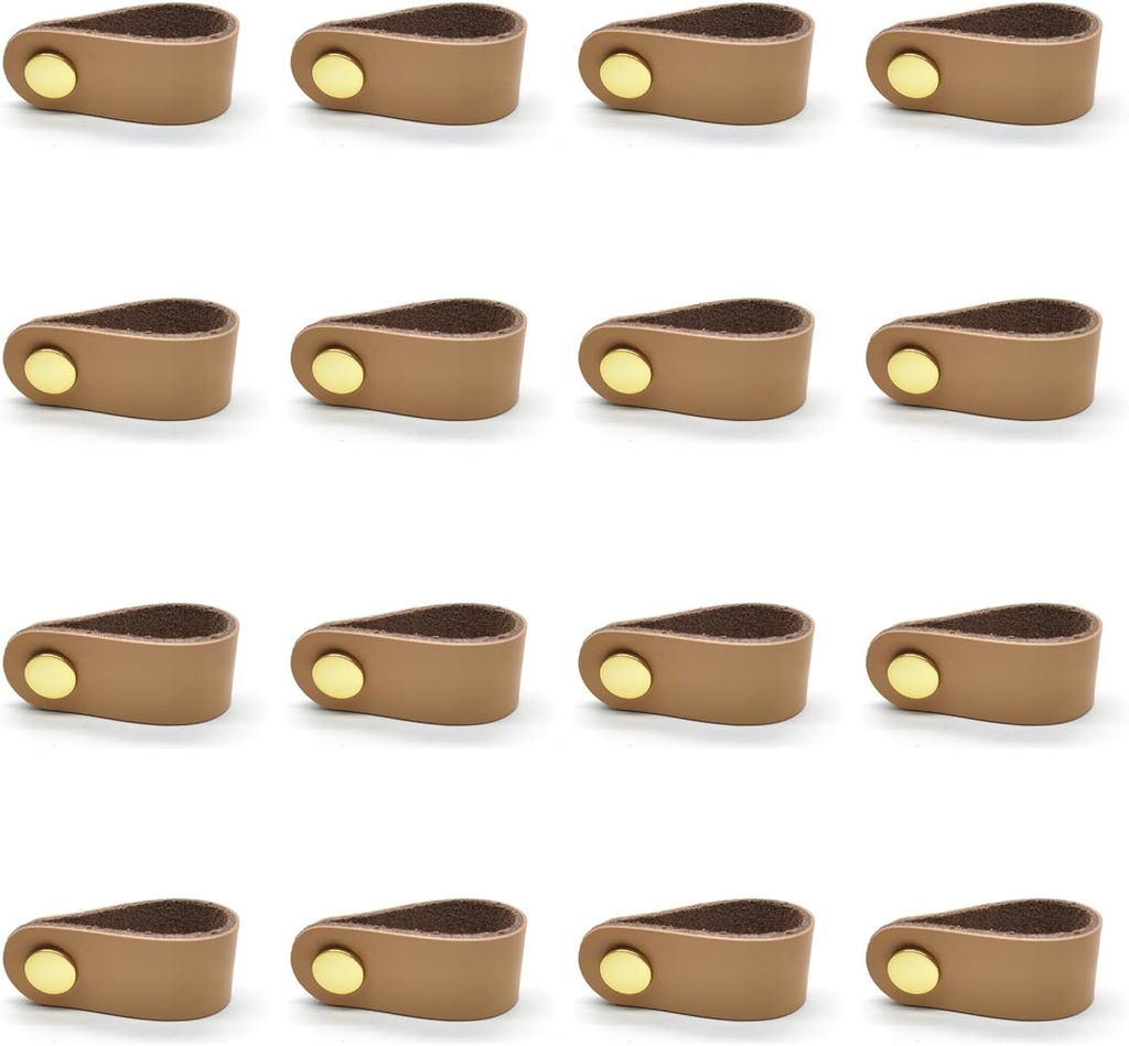 Dresser Drawer Handle Leather, Cabinet Knobs,2.7" Single Hole Genuine Leather Drawer Strap Beige,Set of 16