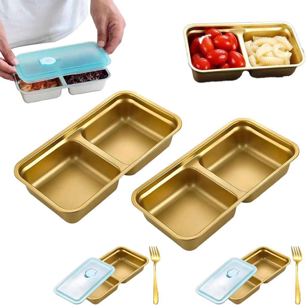 2-Pack Stainless Steel Snack Containers with Forks, Leakproof 304 Bento Snack Box with Date Dial, Portion Control Food Box for Travel, Outdoor, Healthy Snacks, Dishwasher Safe (Gold Set)