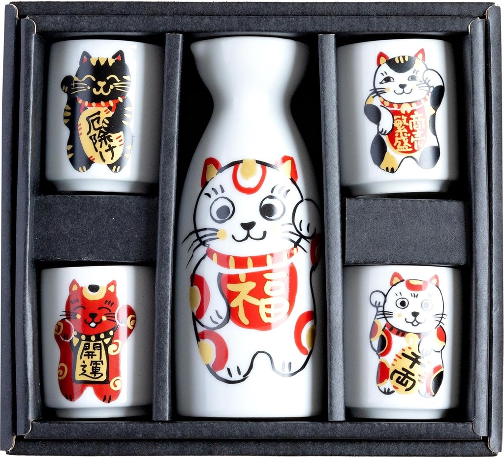 Mino Ceramic Sake Set [Made in Japan/ 4 Sake Cups and 1 Sake Carafe]: Featuring Beckoning Cat (Maneki-Neko) in Gift Box