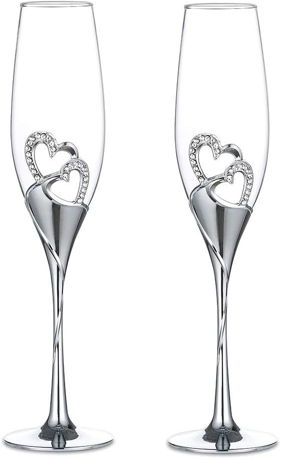Wedding Champagne Glass Set Silver Toasting Flute Glasses Pack of 2 with Rhinestone Rimmed Hearts Decoration for Wedding, Anniversary and Special Occasions