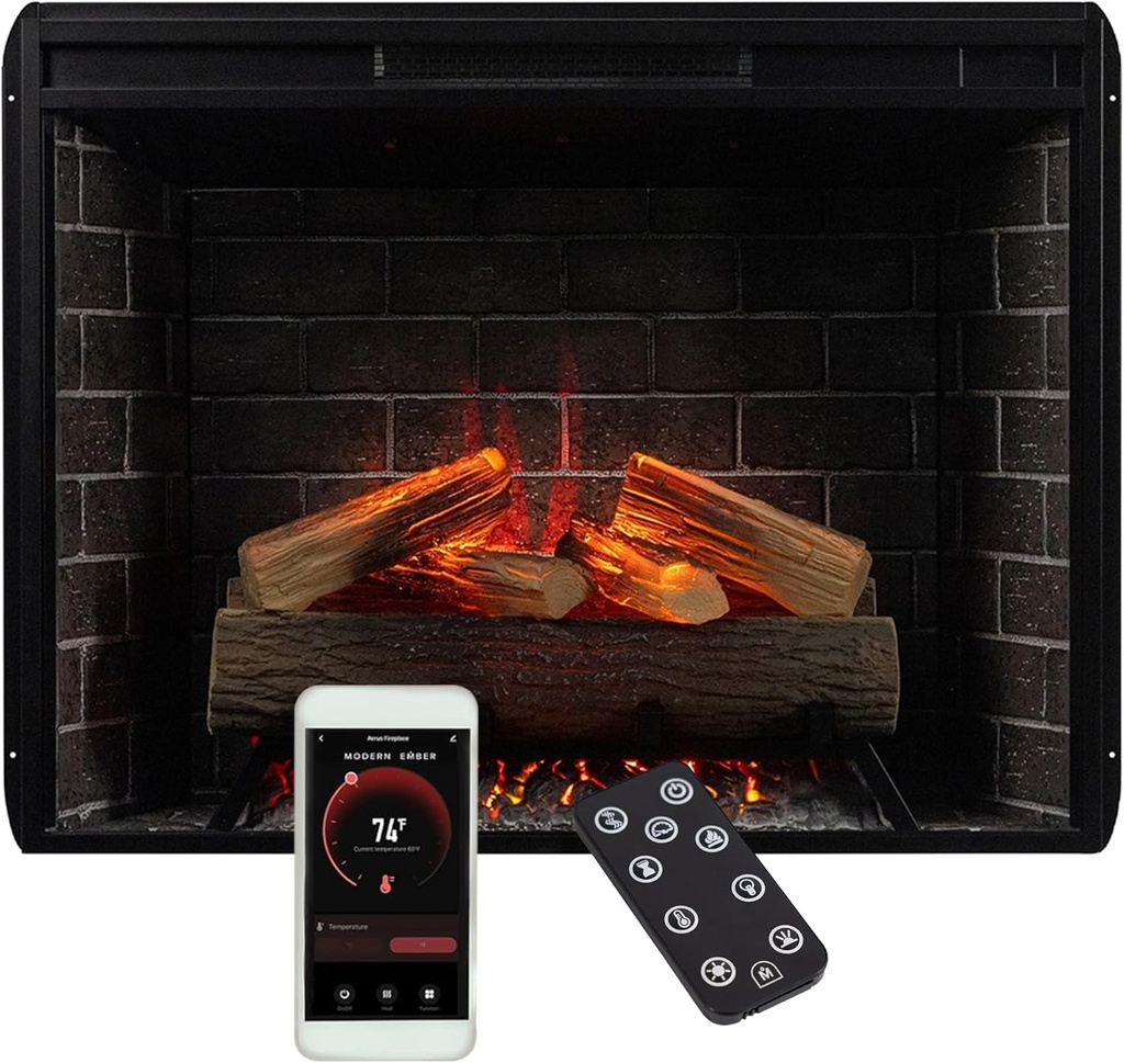 Modern Ember Uptown 33" Smart Electric Fireplace Insert with Remote Control, Compatible with Alexa - 1,000 Sq Ft Electric Heater with Realistic Flames and Log Set