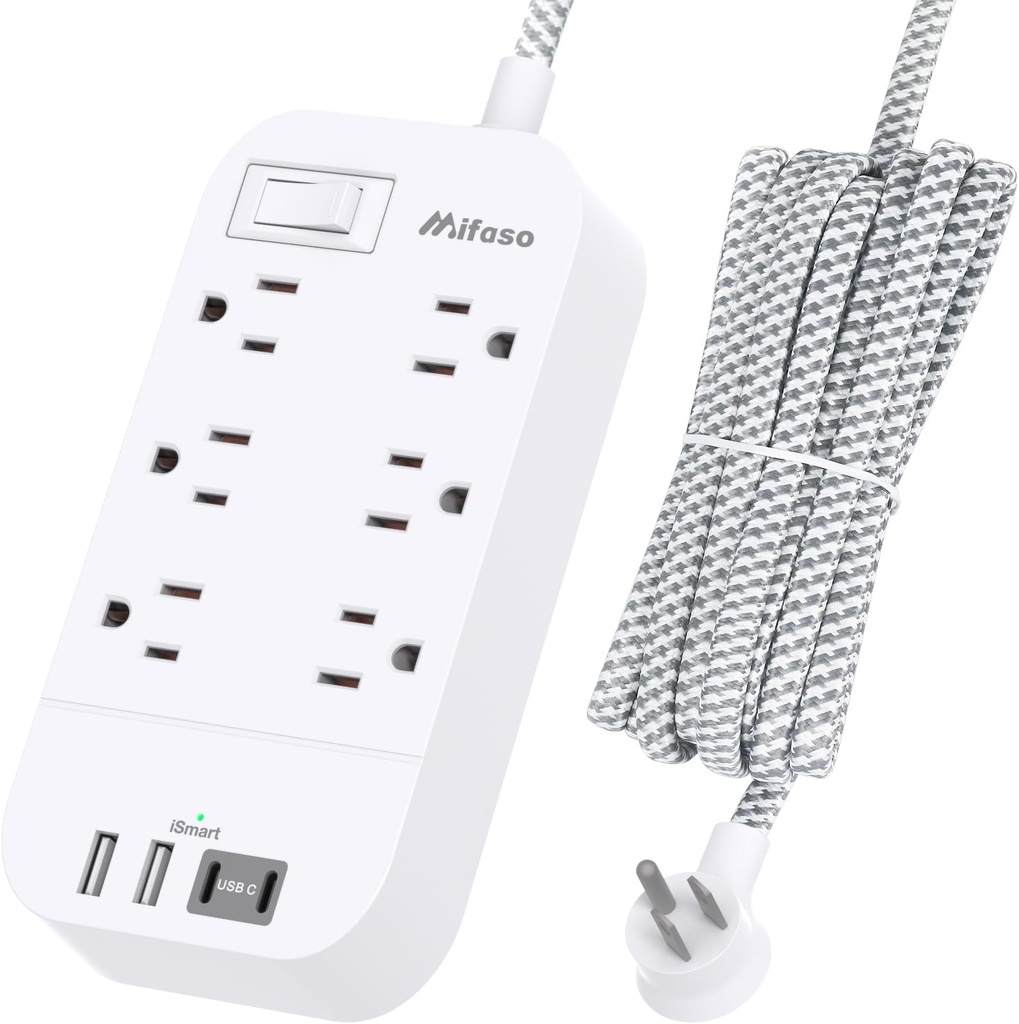 Power Strip - 10 FT Long Flat Plug Extension Cord, 6 Outlets 2 USB A 2 USB C Ports Outlet Extender with Overload Protection, Wall Mount, Desktop Charging Station for Home, Office and Dorm Essential
